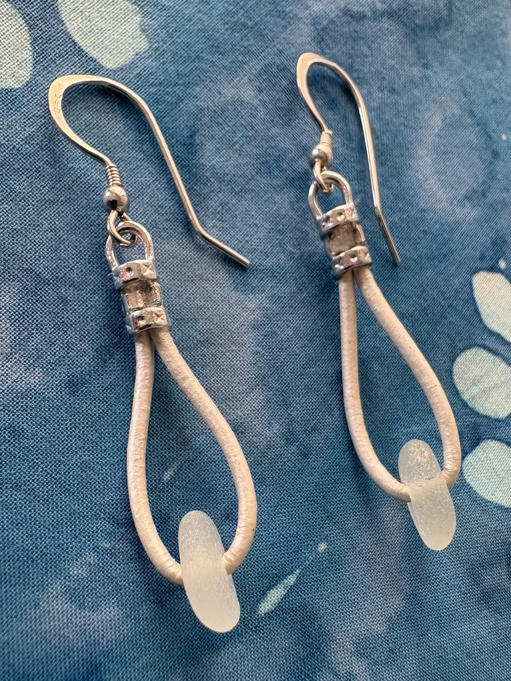 White Beach Glass and Leather Loop Drop Earrings